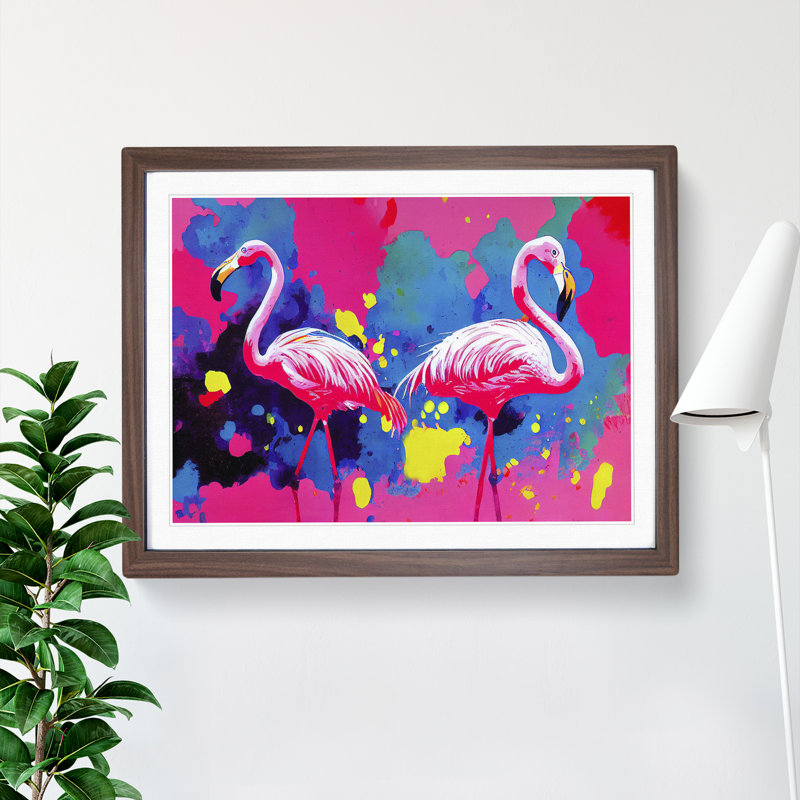 Flamingo Splash - Single Picture Frame Print, 46cm H x 64cm W x 2cm D, Walnut