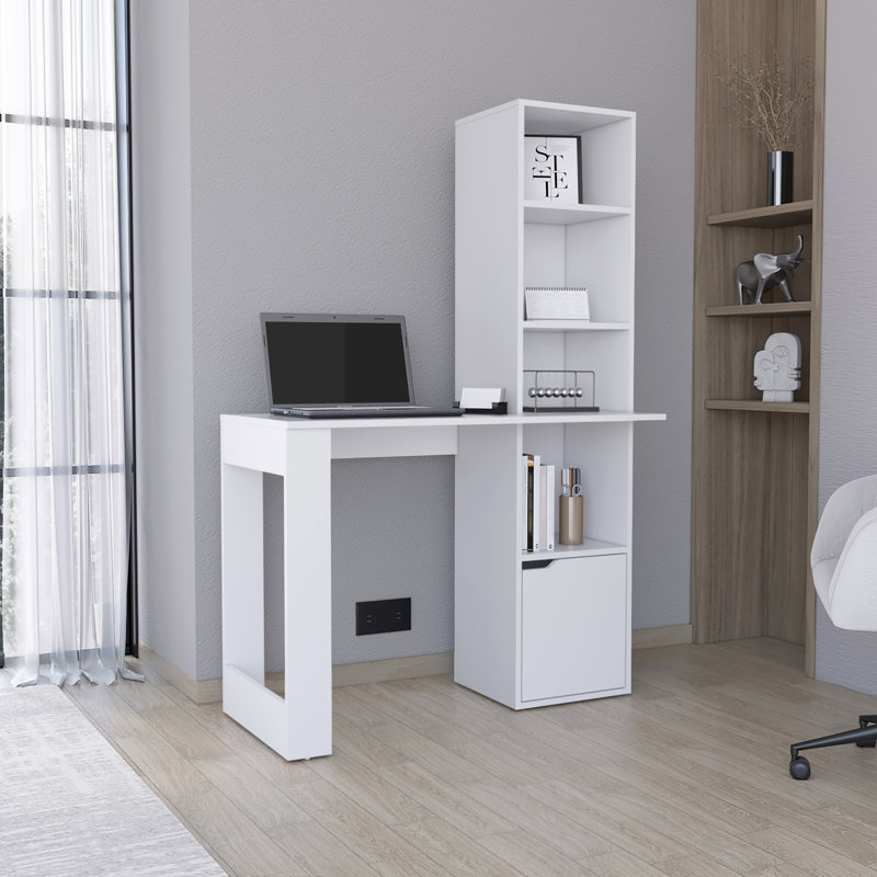 Bureau d'ordinateur à 1 armoire et bibliothèque à 4 niveaux Willisville, Blanc