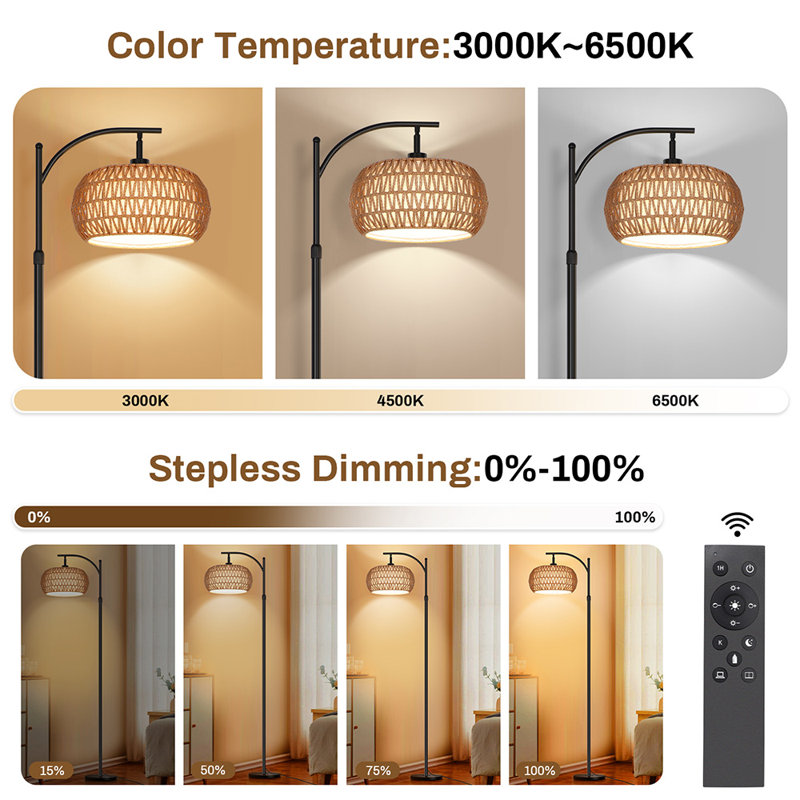 Rattan Floor Lamp Boho Standing Lamp with Remote Control Dimmable