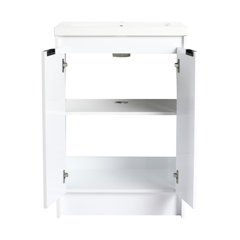 Meuble-lavabo autoportant de 72 po avec lavabo en résine et compartiment de rangement simple, système de porte à fermeture douce, contreplaqué blanc pour un rangement pratique, mécanisme élégant et tendance