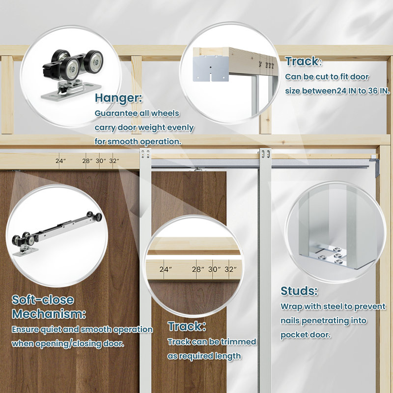 Soft Close and Open 24" to 36" Upright Universal Lightweight Pocket Door Frame(Door Not Included), 80" H x 36" W  x 1.22" D