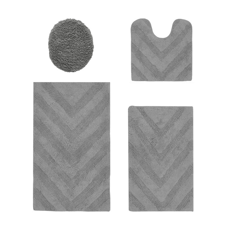 Ensemble de tapis pour salle de bain 100% coton de qualité supérieure Hugo 4 pièces avec envers antidérapant, lavable à la machine, luxueux tapis Chervon à motif super absorbant et touffeté pour la salle de bain, la douche et la baignoire