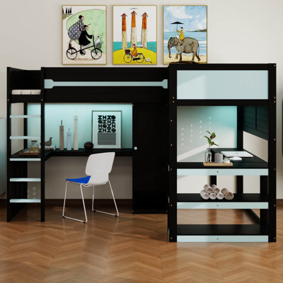 Lit mezzanine en L avec éclairage à DEL, 2 bureaux, ports USB, lit mezzanine pour jouer, lit mezzanine en bois avec garde-robe et tablettes de rangement