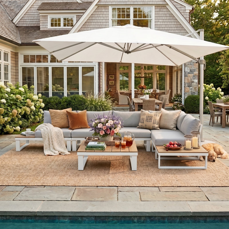 Ireona 5 - Person Modular Patio Conversation Set with Cushions, White/Brown Natural Wood, Warm Gray