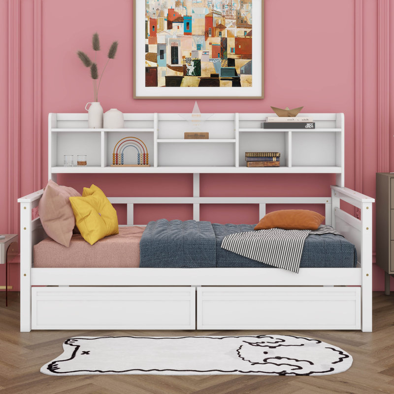 Lit de jour simple en bois avec tablettes de chevet et deux tiroirs, structure de canapé-lit pour enfants, adolescents, adultes