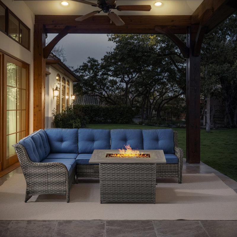 6 - Person Outdoor PE Wicker Sectional Seating Group with Fire Pit and Cushions, Grey, Blue