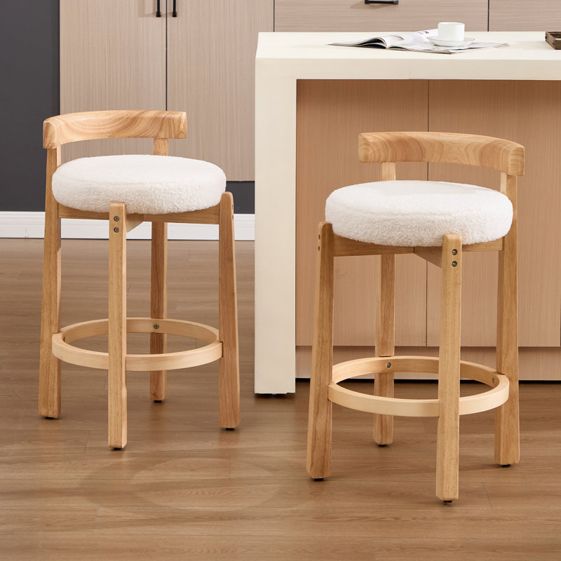 Tabouret de bar Mid-Century blanc à hauteur de comptoir avec cadre en bois, tabouret de bar rembourré pour le comptoir, élégant et confortable