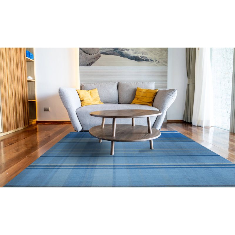 Benancia Blue Flatweave Wool Denim Contemporary Plaid Hand-Knotted Area Rug, Rectangle 6' x 9'