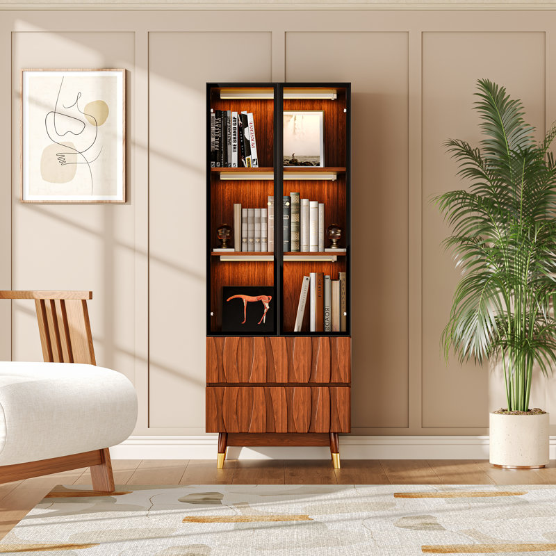 Vaisselier de 62,9 po de hauteur avec portes en verre et 2 tiroirs, bibliothèque de style Mid-Century en bois avec bibliothèque à DEL avec lumière sans fil et tablette à 3 niveaux pour la salle à manger