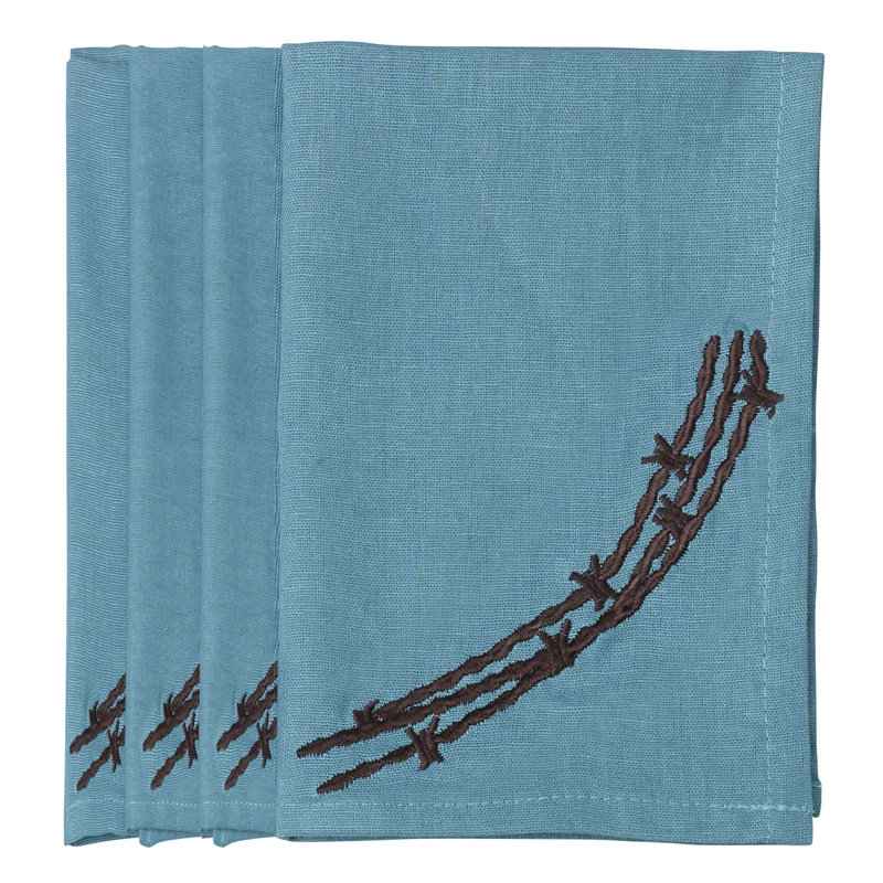 Ensemble de serviettes de table rustiques brodées en lin de coton 16 x 16 po Rustic Barbwire, Turquoise