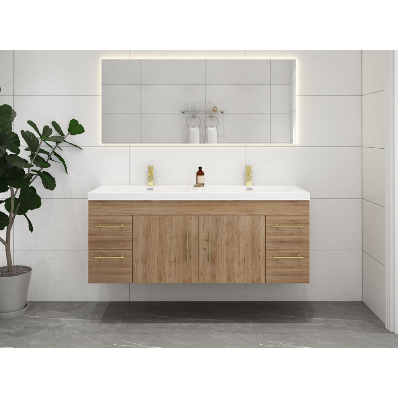 Meuble-lavabo mural double 59 po Romer, Naturel / chêne, Or