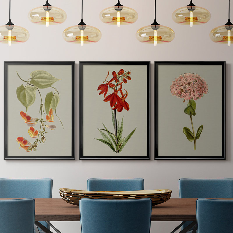 Botanical Array VI  -Custom Framed  Wrapped Gallery Canvas - 3 Pieces, Black, 30" H x 63" W