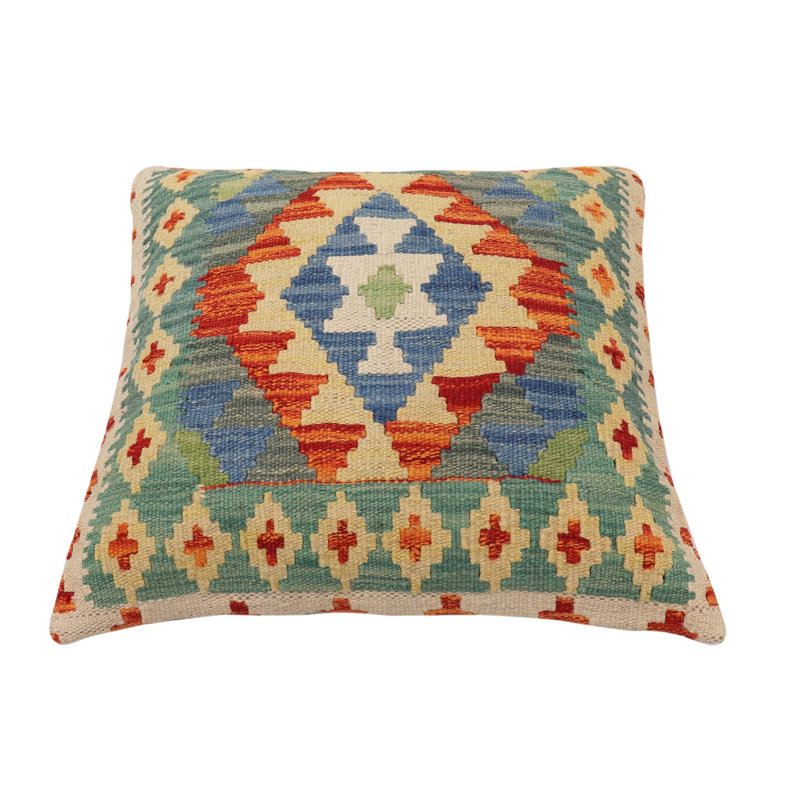 Oreiller rustique en kilim tissé à la main Beaton, H 20 po x l 19 po, Rouille / bleu / vert / beige