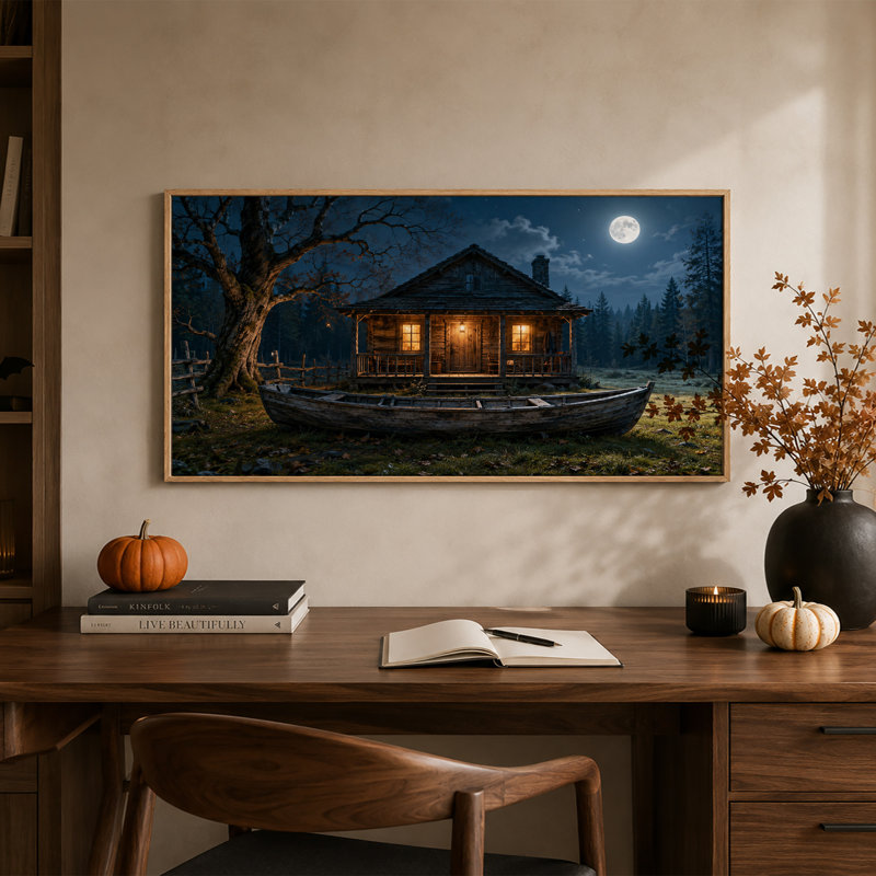 Cabane rustique en bois sous la pleine lune avec bateau - Toile murale d'Halloween, L 46 po x H 24 po