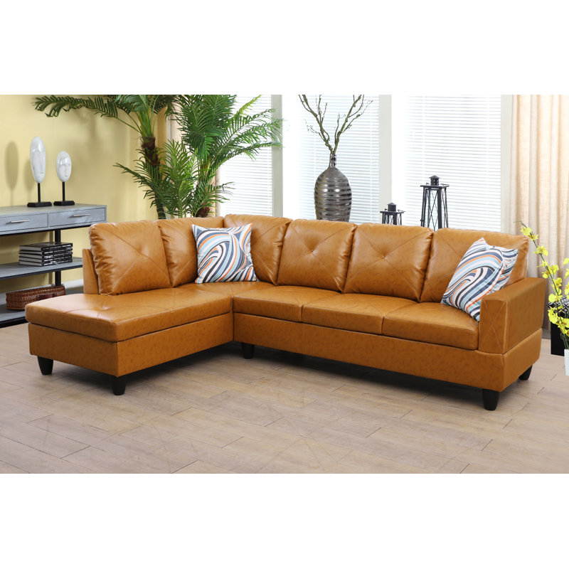 Elaynah Faux Leather L-Shaped Sectional, Left Hand Facing, Orange Faux Leather