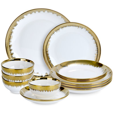 Luxury 12 Piece Porcelain Dinnerware Sets Service For 4, Modern Stoneware Plates And Bowls Sets,Ceramic Dish Set, Highly Chip And Crack Resistant Modern Plate Set, White And Gold