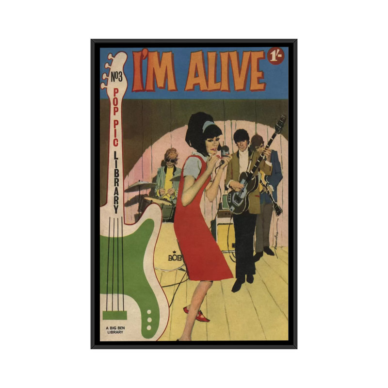 « i suis alive », affiche rétro sur toile, H 26 po x l 18 po x P 1,5 po, Toile avec cadre noir, Pas de tapis