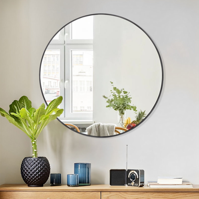 Miroir mural moderne à cadre rond, 30 po x 30 po, Noir