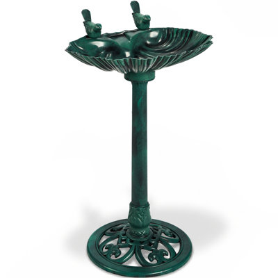 Dark Green Polyresin Bird Bath with Shell Edge,1.4W Solar Powered Fountain,19.7" x 14.2" x 31.9" Outdoor Water Feature for Garden Yard Patio
