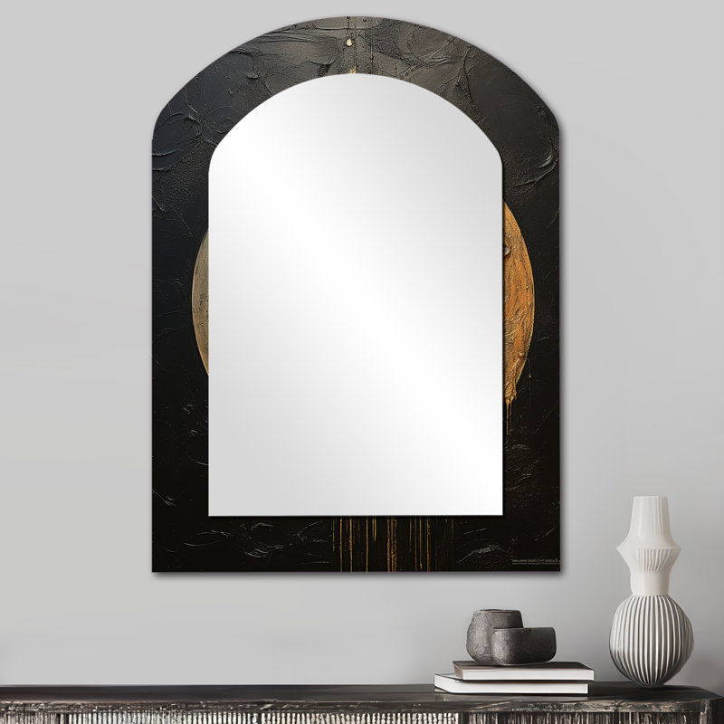 Bronze Moon Beam II - miroir en forme d'arche de lune, miroir mural asymétrique doré, impression sur métal, 34 po x 25 po