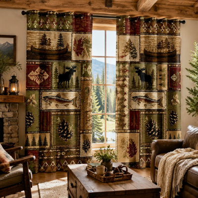 2Pcs Rustic Cabin Moose Fish Pine Cone Canoe Forest Scene Print Patchwork Curtains, Woodland Lodge Themed Artwork Room Divider, Outdoor Nature Inspired Decorative for Living for Home Dector