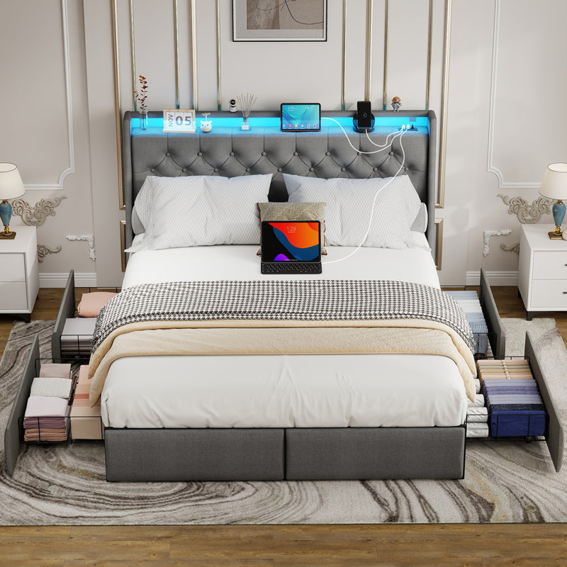 King Upholstered Bed Frame with Headboard and LED Lights,Platform Bed with 4 Storage Drawers and 4 in 1 Charging Station
