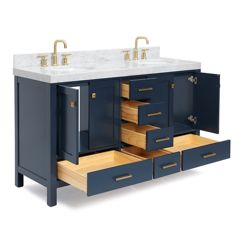 Meuble-lavabo double 60 po Cambridge, Bleu minuit, Laiton satiné