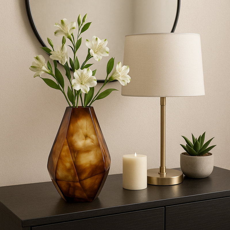 Decorative Geometric Glass Vase for Home Decor – Sculptural Flower Vase Perfect for Table Decor, Office Accent, or Living Room Styling – 12", Brown