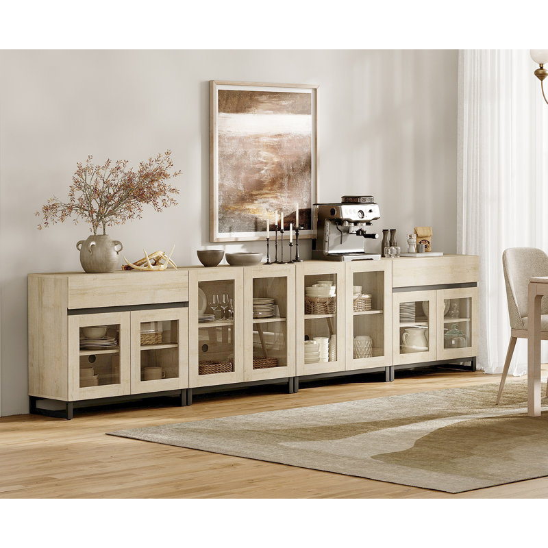 Armoire de rangement avec portes en verre, buffet moderne 3 en 1 avec tablettes réglables et 2 tiroirs, armoire à café pour le salon, cuisine