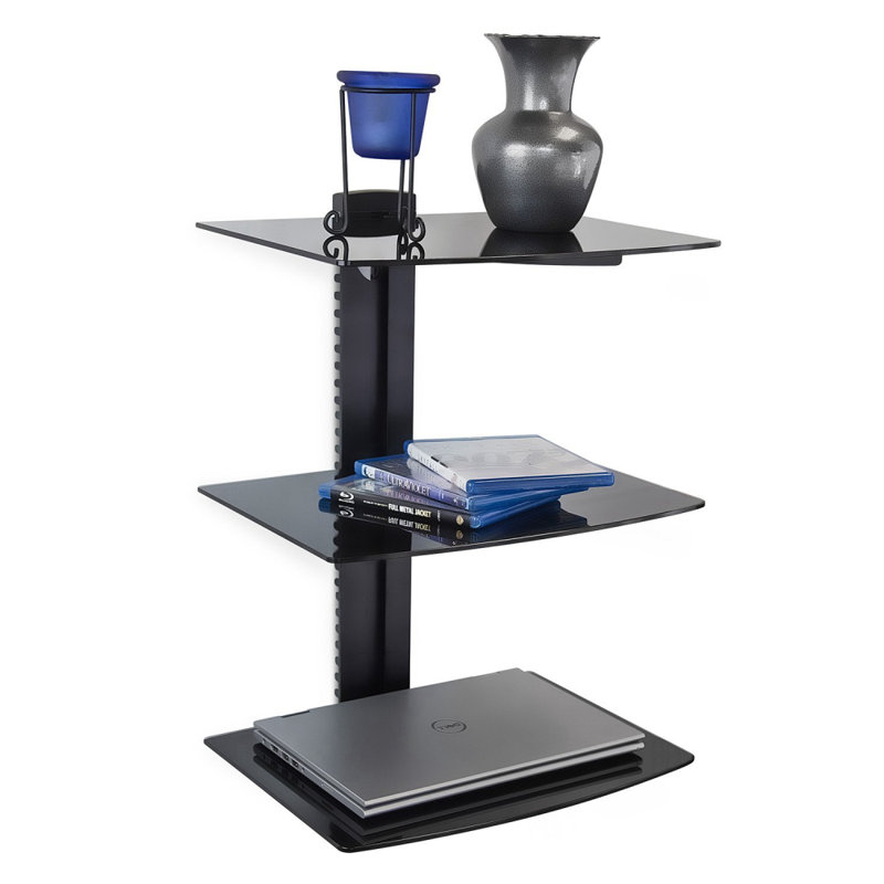 Mount-It! Floating Wall Mounted Triple Black Tinted Tempered Glasses Shelves with Bracket Stand
