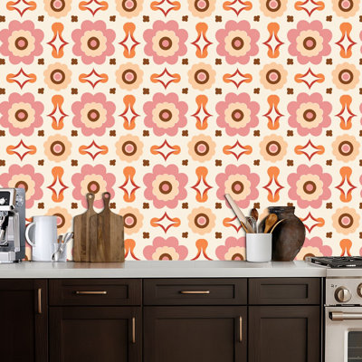 Papier peint auto-adhésif rétro des années 70, sans soudure, orange, brun, rose, beige, des années 70, papier de style rétro, adhésif mural amovible, décoration murale pour armoires de cuisine de chambre à coucher, 17,7 po x 118 po