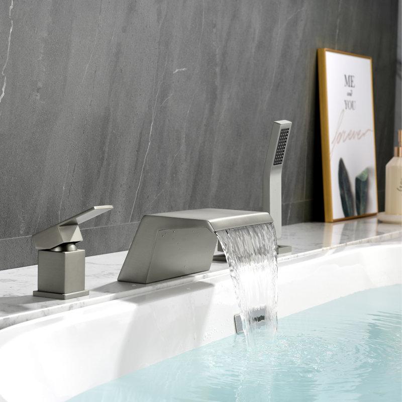 2 Handle Deck Waterfall Faucet with Diverter, Brushed Nickel