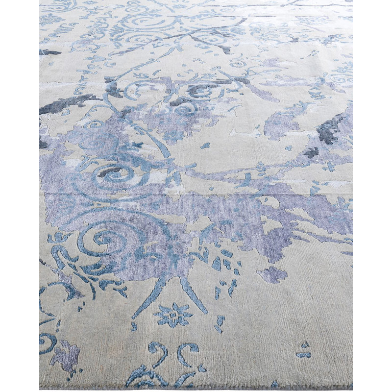Modern Beige Hand-Knotted Wool and Silk Area Rug, 9' 4" x 12' 2"
