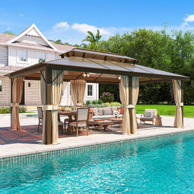 20 Ft. W X 12 Ft. D Hardtop Gazebo, Galvanized Steel Double Top, Aluminum Metal Gazebo With Curtains And Netting
