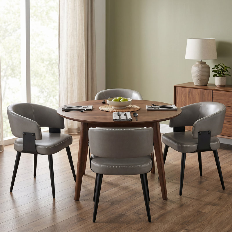 Mid-Century Modern Dining Chairs, Faux Leather Upholstered with Arms, Water-Resistant and Metal Legs, 2, Medieval Gray