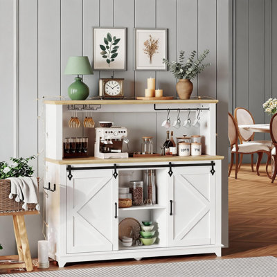 55" Tall Farmhouse Coffee Bar Cabine, with Sliding Barn Door