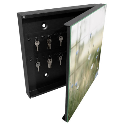 Key cabinet for home, Opens to the right, 30x30x5, Black, Flowers against a background of blurred nature, 