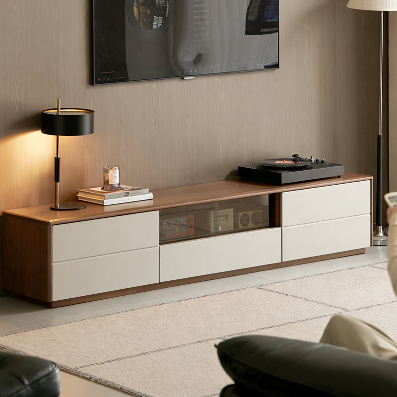 Walnut & Rubber Wood TV Stand, 14.96"H x 86.61"L x 15.75"W