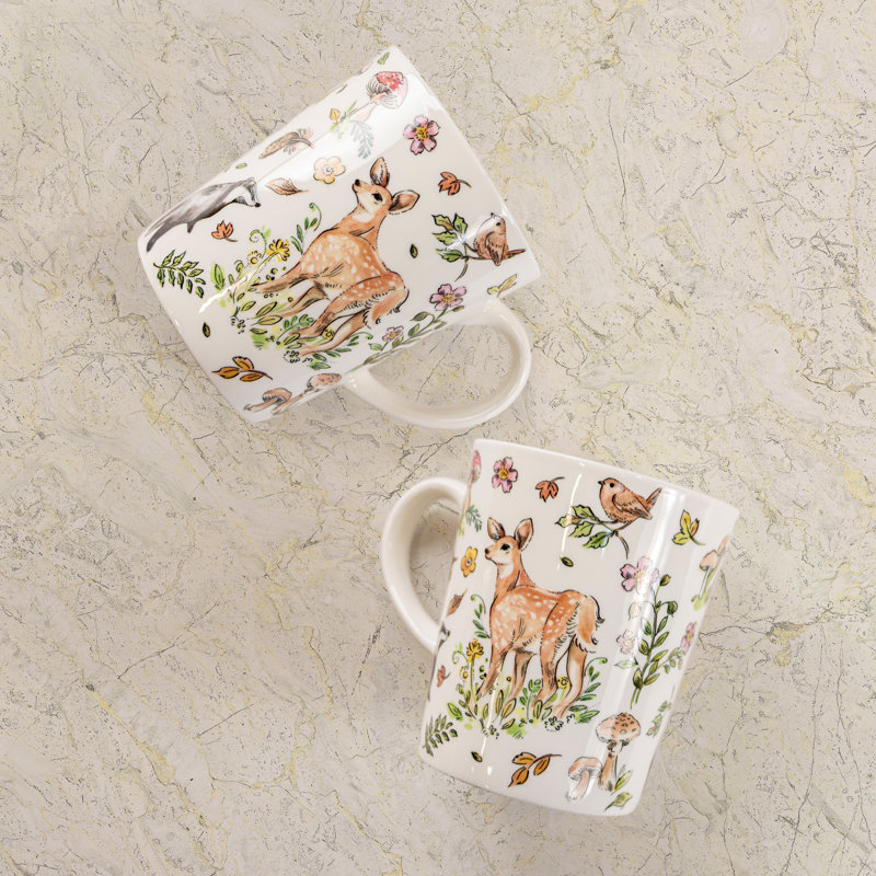 Bone China Coffee Mug, Beige, Forest Deer