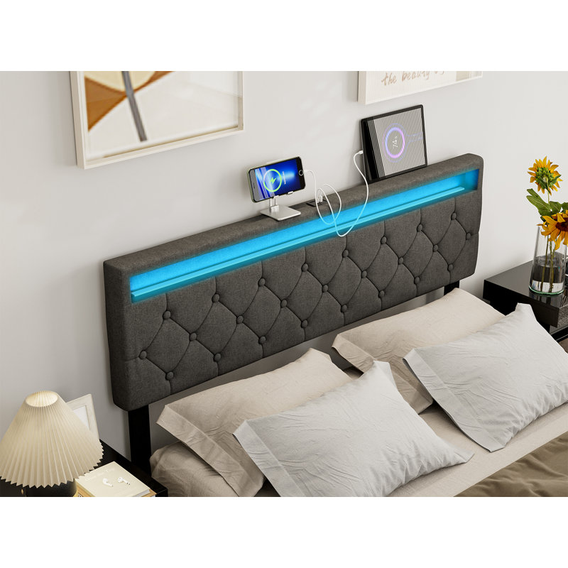Bertwald Upholstered Headboard With 2 Usb Ports & Led Lights - Adjustable Height, Queen, Dark Gray