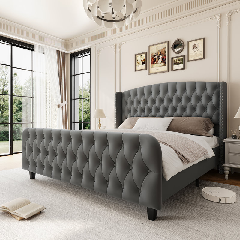 Modern King Size Bed Frame with 51'' Tall Wingback Headboard, Deep Button Tufted Soft Fabric Upholstered Bed, Noise-Free Wood Slats, No Box Spring Needed, Gray