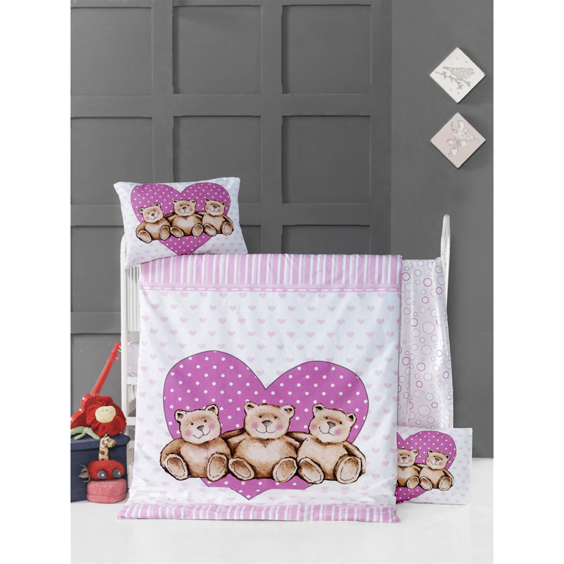 Ensemble de housse de couette douce pour bébé 100% coton Ranforce, blanc et mauve avec accents bruns et roses | Housse de couette 39,4 po x 59,1 po, 2 taies d'oreiller 13,8 po x 17,7 po | 145 fils, fermeture à boutons, lavable à la machine pour un ent
