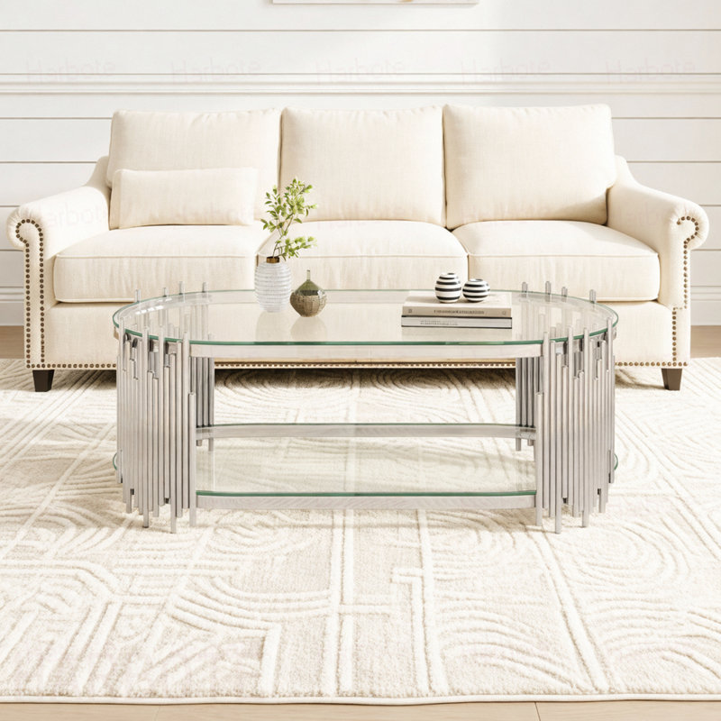 Table basse de luxe argentée avec tablettes en verre trempé à 2 niveaux, table de centre ovale pour le salon, structure en acier inoxydable poli