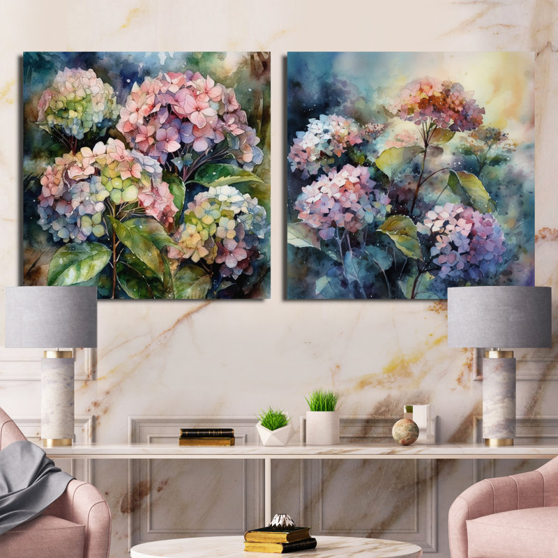 Hydreangea mauve / vert - ensemble de 2 hortensias floraux carrés, Toile tendue, H 16 po x l 33 po