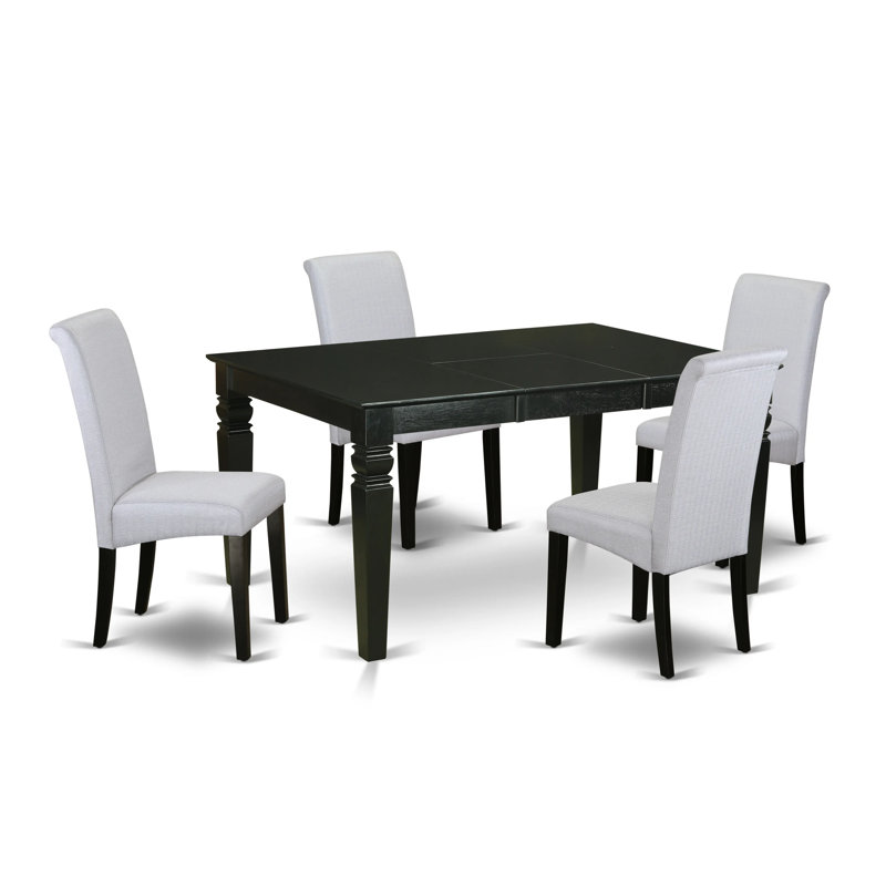 5 Piece Modern Dining Table Set Includes a Rectangle Wooden Table with Butterfly Leaf and 4 Grey Linen Fabric Parsons Dining Chairs, Black
