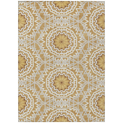 8' X 10' Gold Gray And Ivory Floral Medallion Washable Indoor Outdoor Area Rug