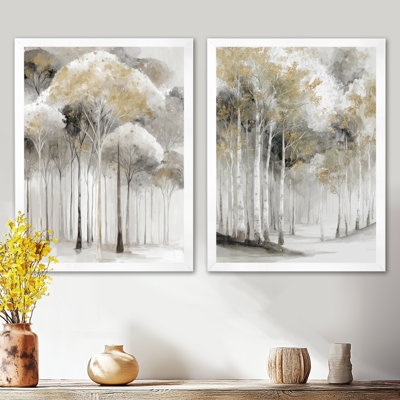 Automne forêt de bouleaux au Canada - impressions sur toile de bouleau, ensemble d'art mural gris nature