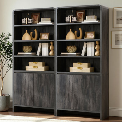 Bibliothèque 2 pièces H 71 po x l 32 po à 2 niveaux avec 2 portes, tablettes réglables et bords arrondis, grain de bois noir