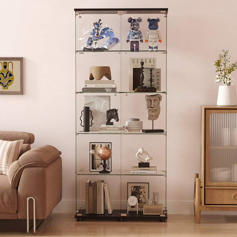 5-Tier Glass Display Cabinet with Doors, Tempered Glass Standing Curio Cabinet, Modern Tall Glass Bookshelf with Adjustable Shelves for Living Room, Bedroom & Office