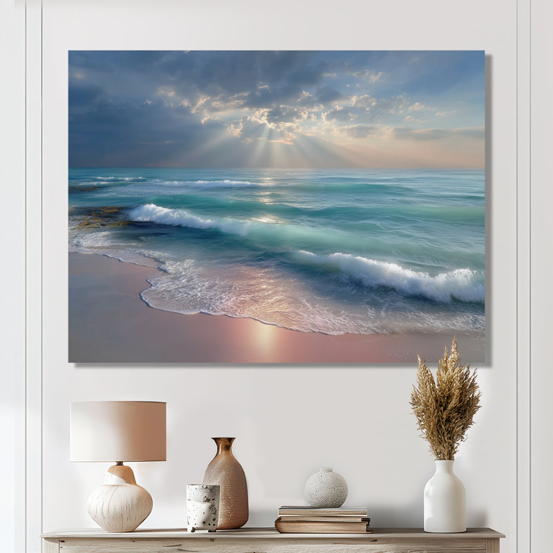 «White and Pink Sunset Gentle Waves», art mural plage, impression sur toile côtière blanche, H 16 po x l 32 po, Toile tendue